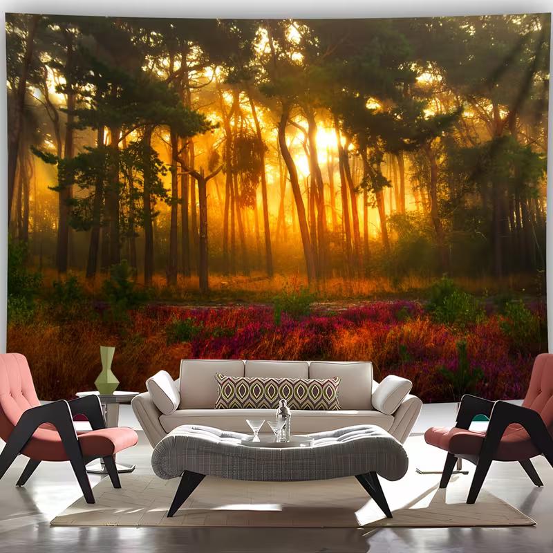 

2D Sunrise Forest Tapestry, Golden Sunlight Wall Hanging 47.2x31.5inch/120*80cm