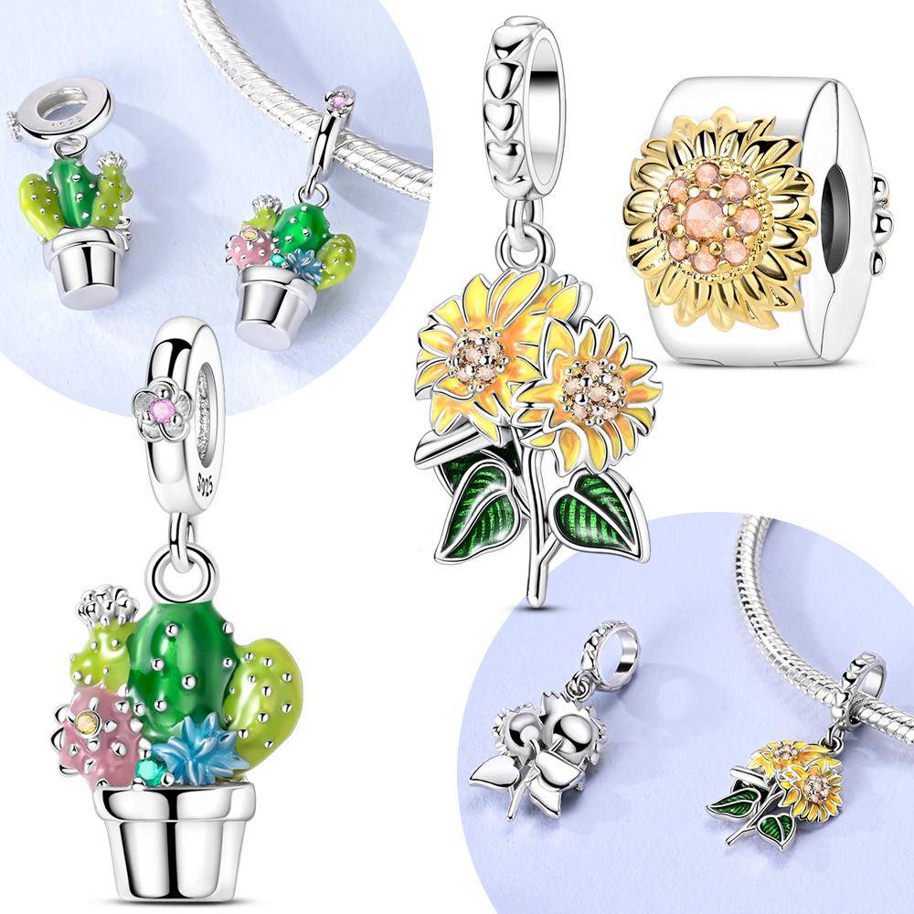 Green Plant Cactus Sunflower Bead Charms Compatible With Bracelets Charm Bead Charms copper Authentic Women Jewellery Diy Accessories Girlfriend Gift