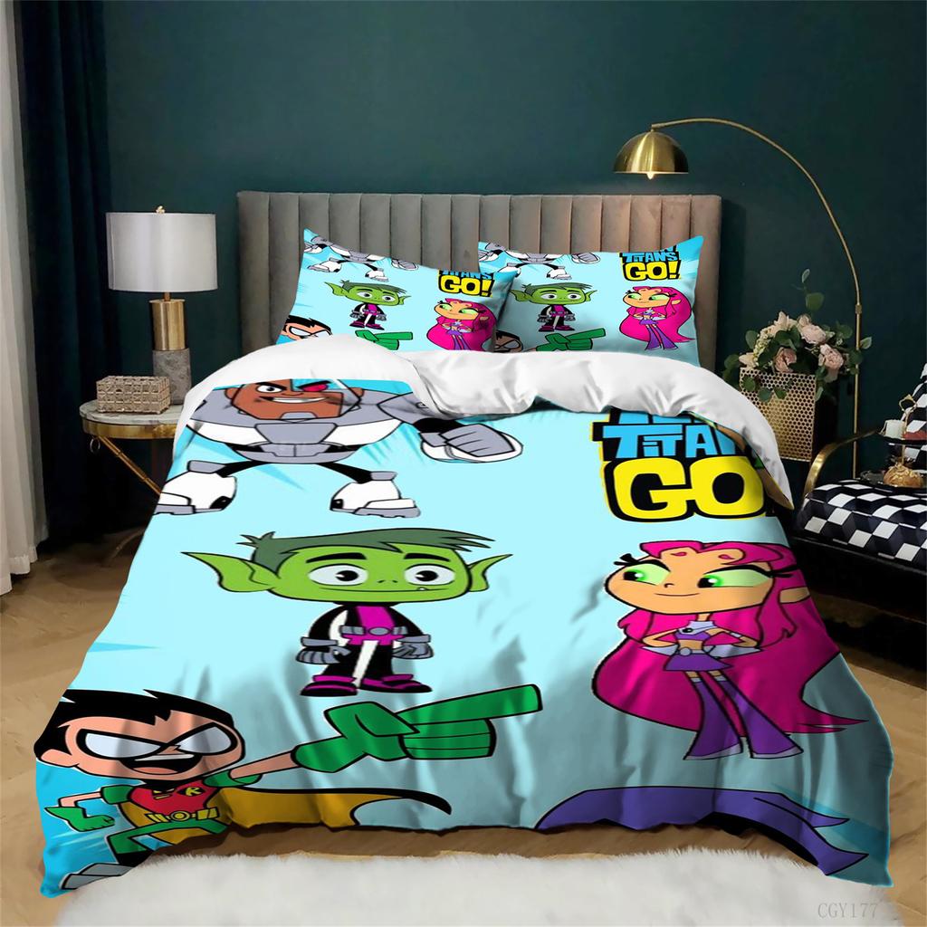 Teen Titans Go Bettbezug-Set 3tlg. Cartoon Leichte Bettwäsche für alle Jahreszeiten Weicher atmungsaktiver Deckenbezug Reißverschluss
