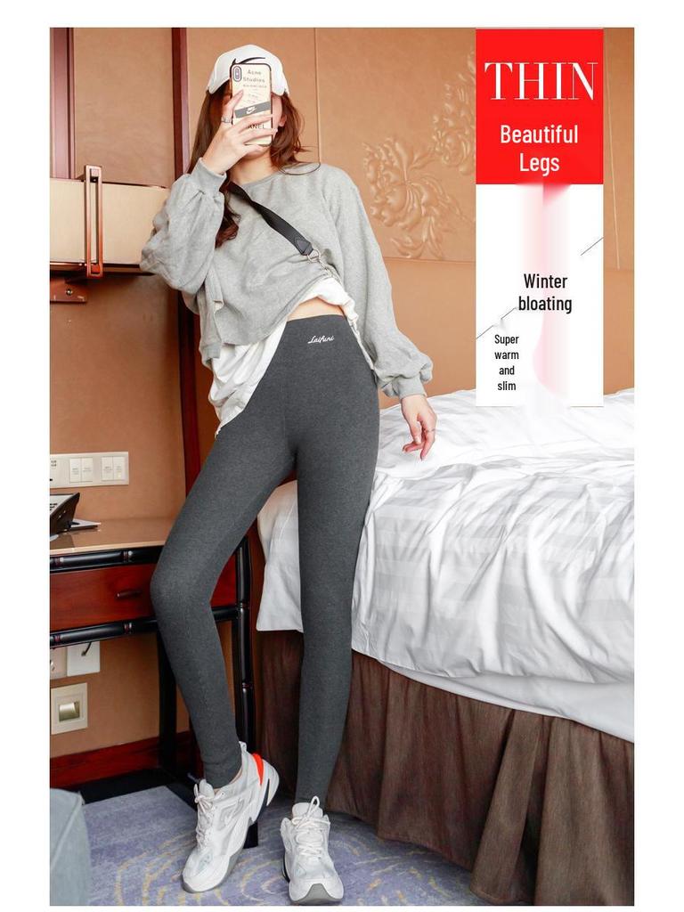 Leggings de damă cu talie înaltă, super groase, din lână de miel gri, cu căptușeală plusată de catifea pentru toamnă și iarnă