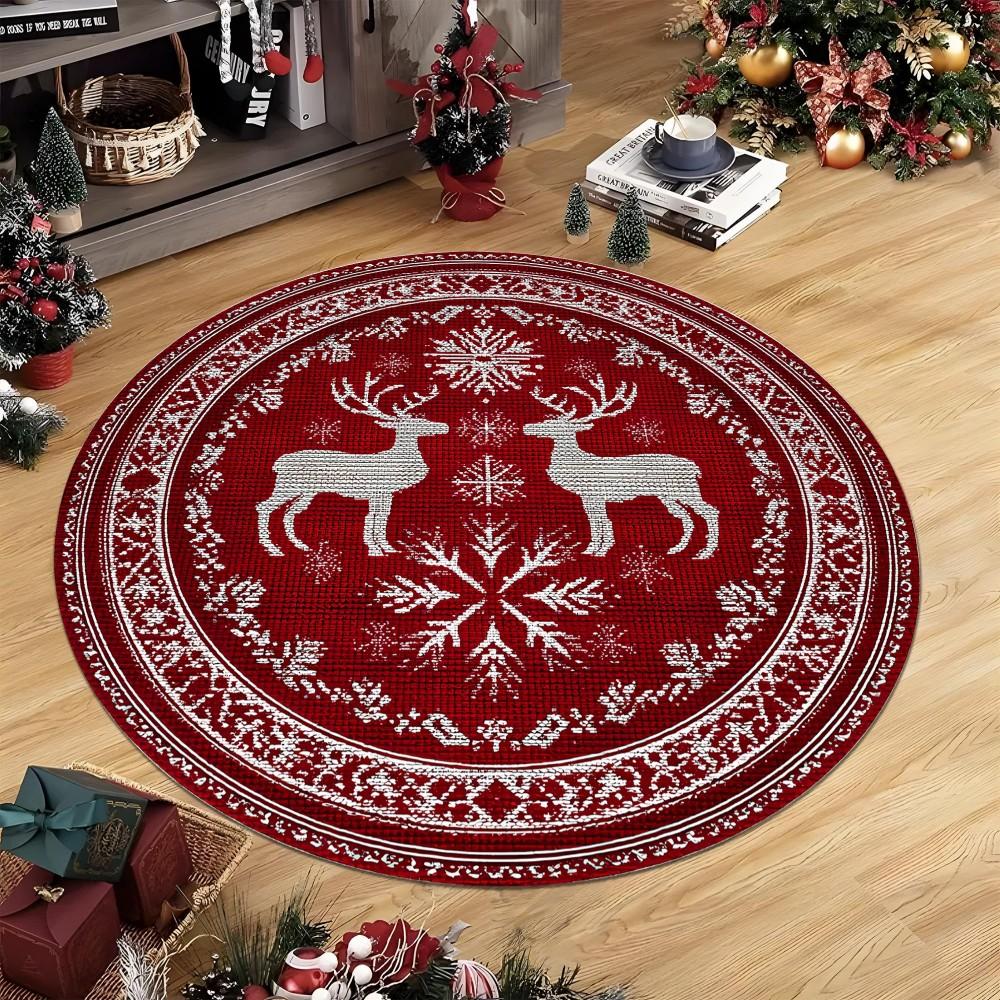 Christmas Reindeer Round Rug Red Snowflake Nordic Festive Pattern Floor Area Carpet for Home Living Room Bedroom Decor