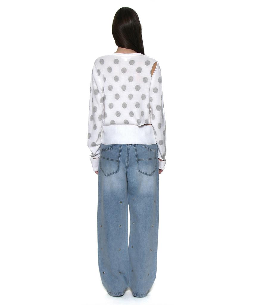 PARTIMENTO WOMEN Cutout Polka Dot Jacquard Knit Crew Neck_White
