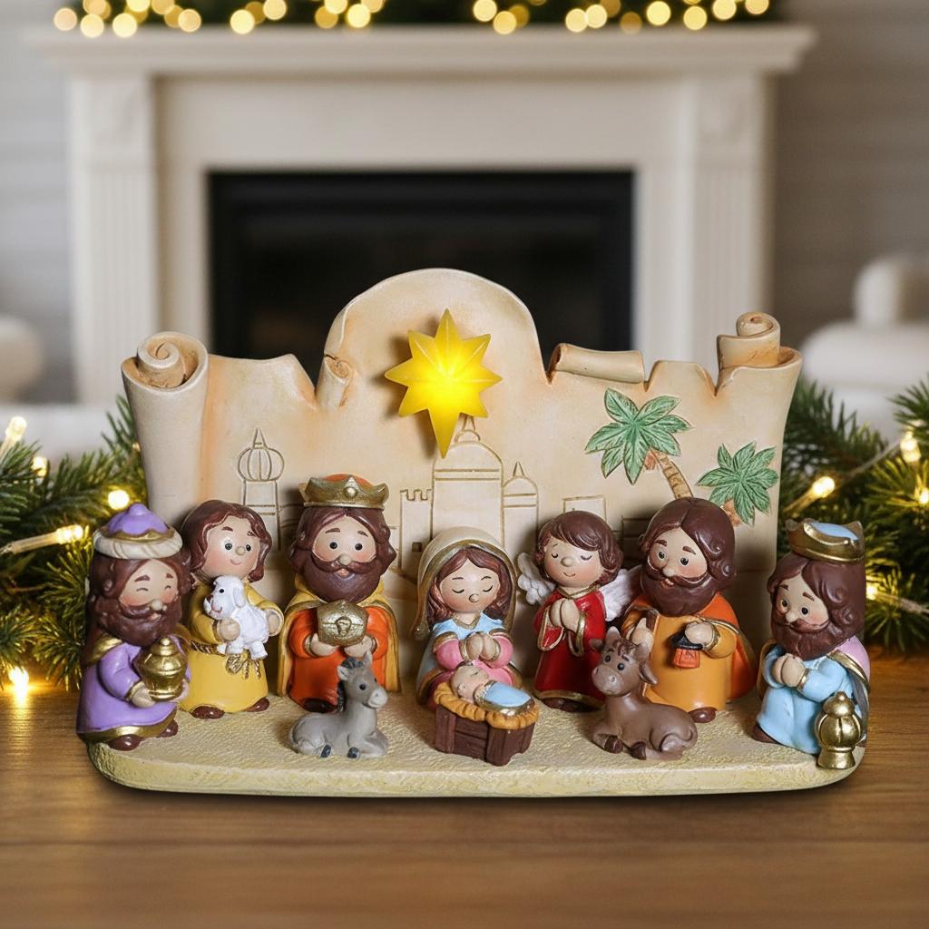 Cartoon Christmas Nativity Scene Figurines Hand-Painted Resin Decor Set for Holiday Home Decoration Gift