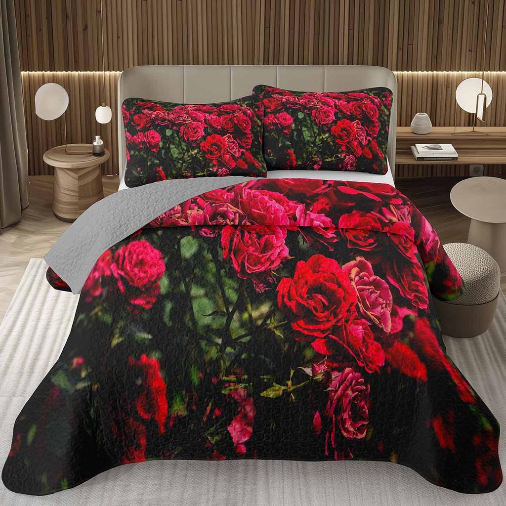 Romantic Rose Bedspread Queen/King/Twin Botanical Floral Coverlet Valentine's Day Quilted Bedding Set for Girls Women Room Decor
