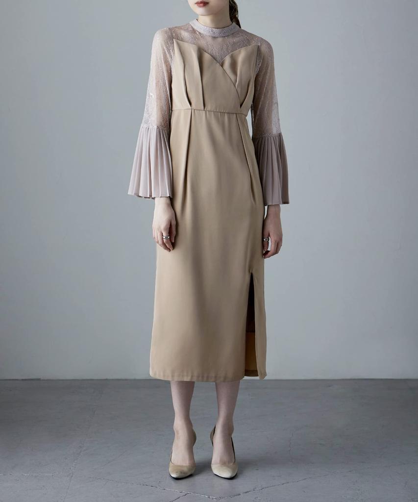 Pleated Bell Sleeve M [etoll] I-line Dress, One-piece, Wedding, After-party, Formal, Beige,