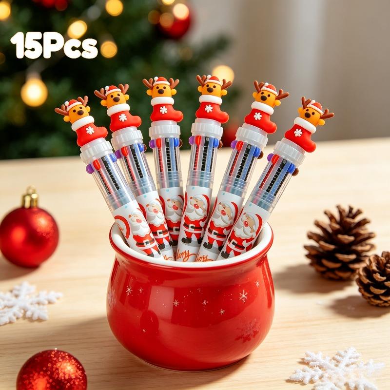 15Pcs Reindeer in Christmas Stocking Topper Multi Color Retractable Ballpoint Pen, Back to School Season Student Stationery with Santa themed Printed