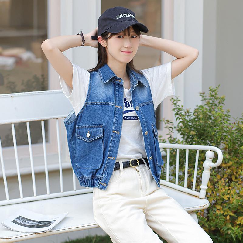 Trendy Korean-Style Blue Distressed Denim Vest for Women