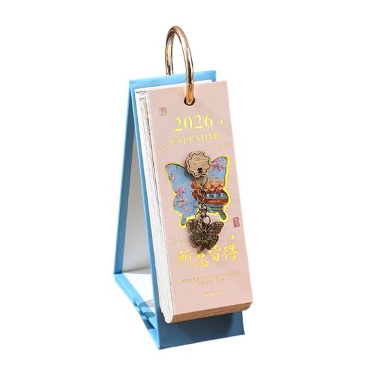2026 Vintage European Style Oil Painting Flip Calendar January-December Desk Planner with Butterfly Pendant Desktop Monthly Organizer for Home Office