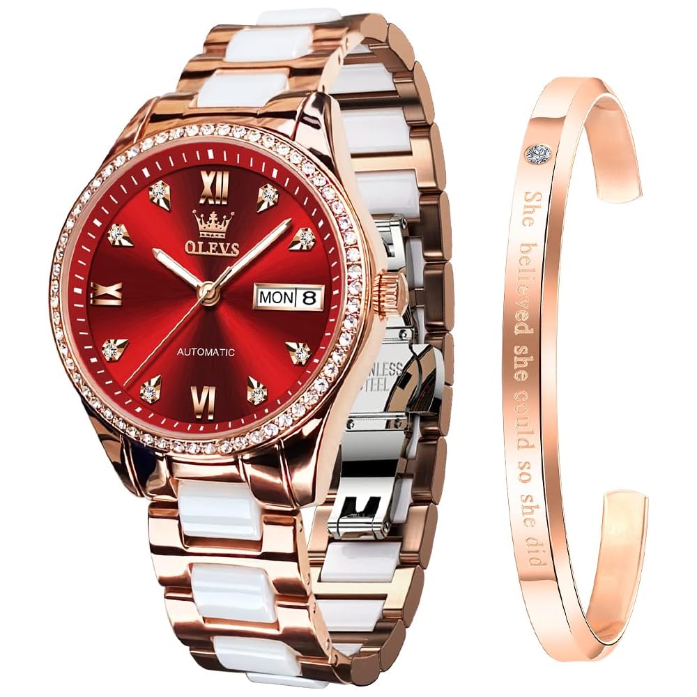 OLEVS Women s Mechanical Watch Red Ceramic Bracelet Stylish Date Gift