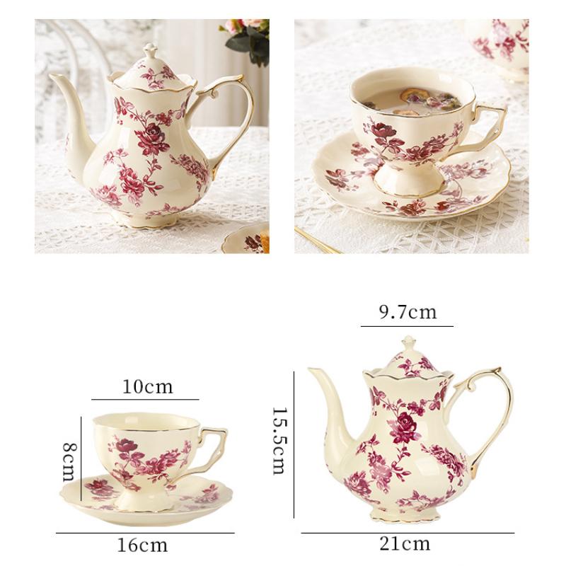 3 teile/satz Vintage Floral Tee-Set, Teetassen (240ml), Teekanne (900ml), China-Teeservice, Teeservice, Teetassen- und Untertassen-Set für Erwachsene, Porzellan-Teeservice