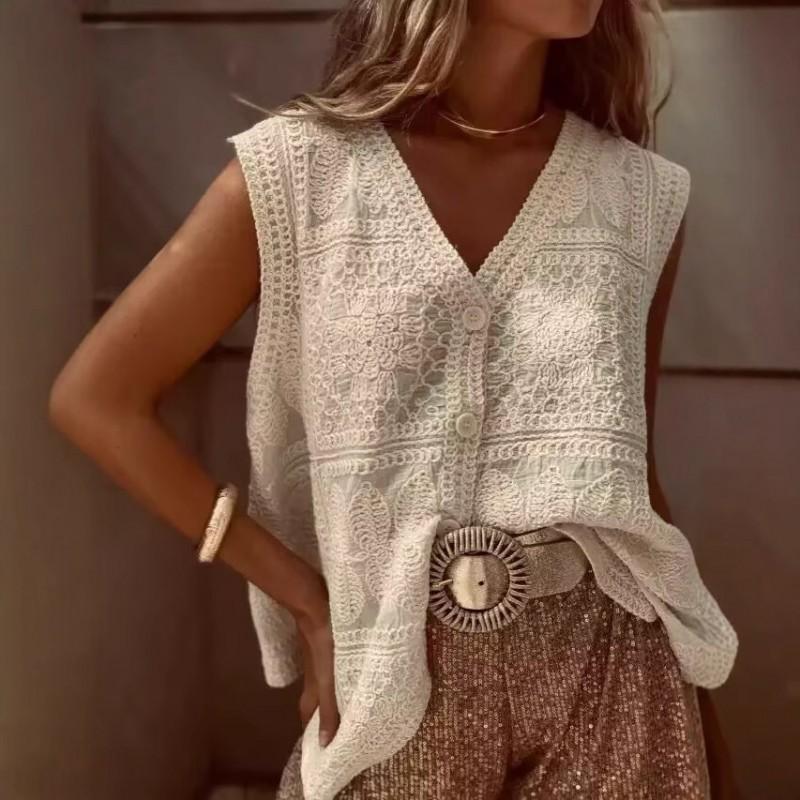 Crochet V-Neck Vest Cardigan Sleeveless Knit Top Women