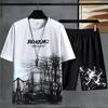 2Pcs/Set O-Neck Short Sleeve Elastic Waistband Casual Outfit Pockets Ice Silk Men Gradient Color Letter Print T-shirt Wide Leg Shorts Set Streetwear