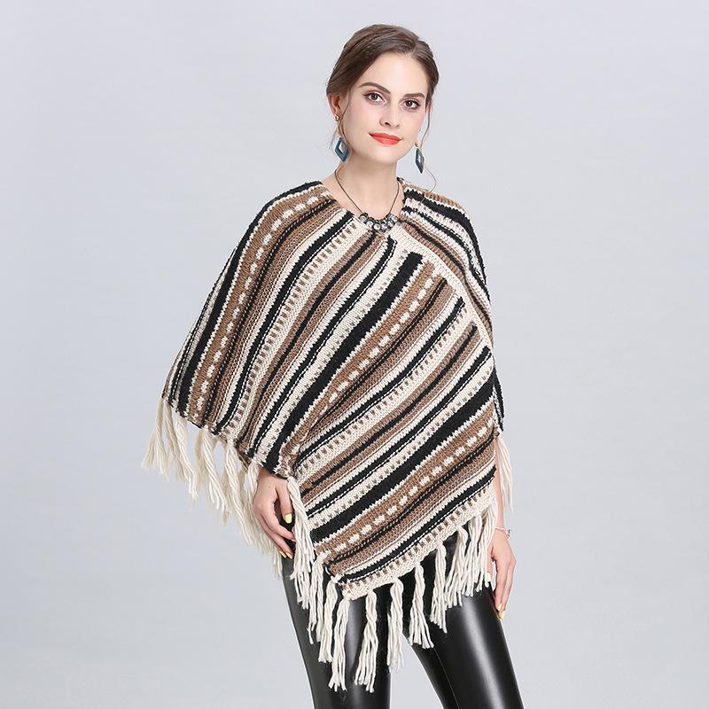Exclusive For South American Tassel Cape Shawl V-Neck Diagonal Striped Pullover Women 1527 #