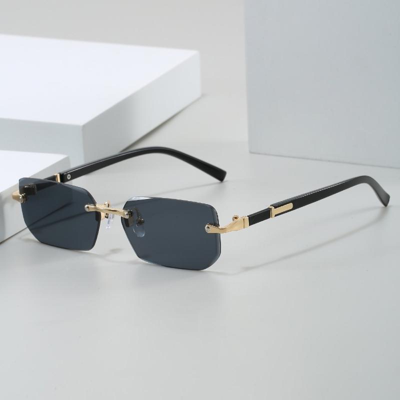 Unpolarisierte Stilvolle Randlose Rechteckige Modebrille für Männer & Frauen - Trendige Goldene Metallrahmen