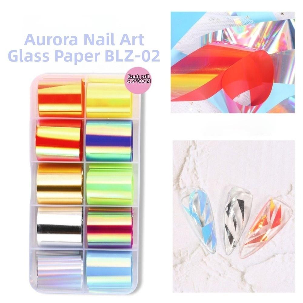 Iridescent Nail Art Stickers 10 Rolls Laser Glass Nail Foils Hot Transfer Decals DIY Manicure