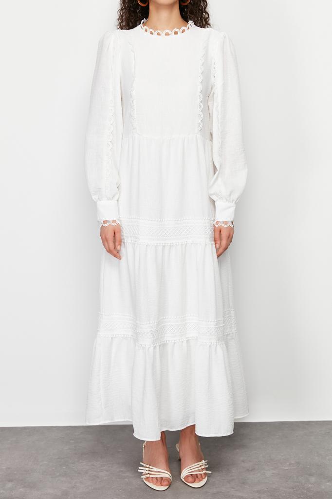 Women's Hijab Dress New Season Fashion White Lined Woven Dress with Embroidery Detail