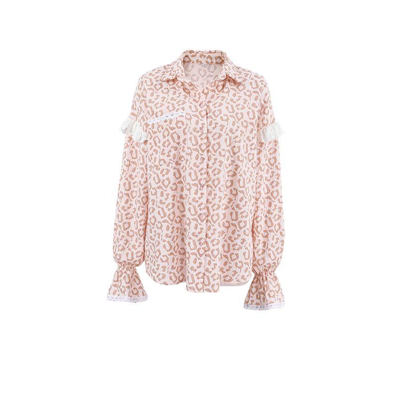 

Fashion Retro Leopard-Print Long-Sleeved Shirt Bell Sleeve Ruffles Stylish Commute Leisure Daily Pink L(Suggested 57.50 kg-62.50 kg)