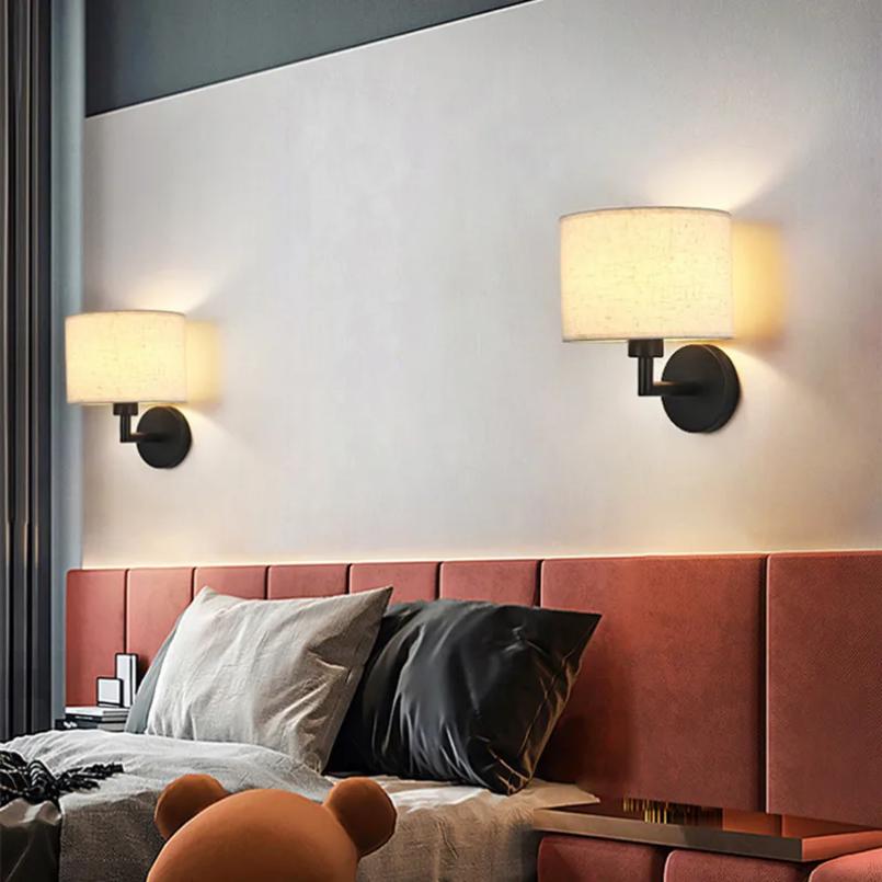LED Wall Lamp Round Fabric Lampshade with 3W 360° Rotation Spotlight Reading Light  Modern Wall Sconce for Bedroom Bedside Hotel