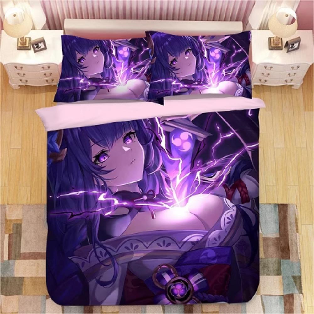 Anime Character Microfibre Bedding Sets for Kids Teens Adults Purple Duvet Cover with Zip Room Decor