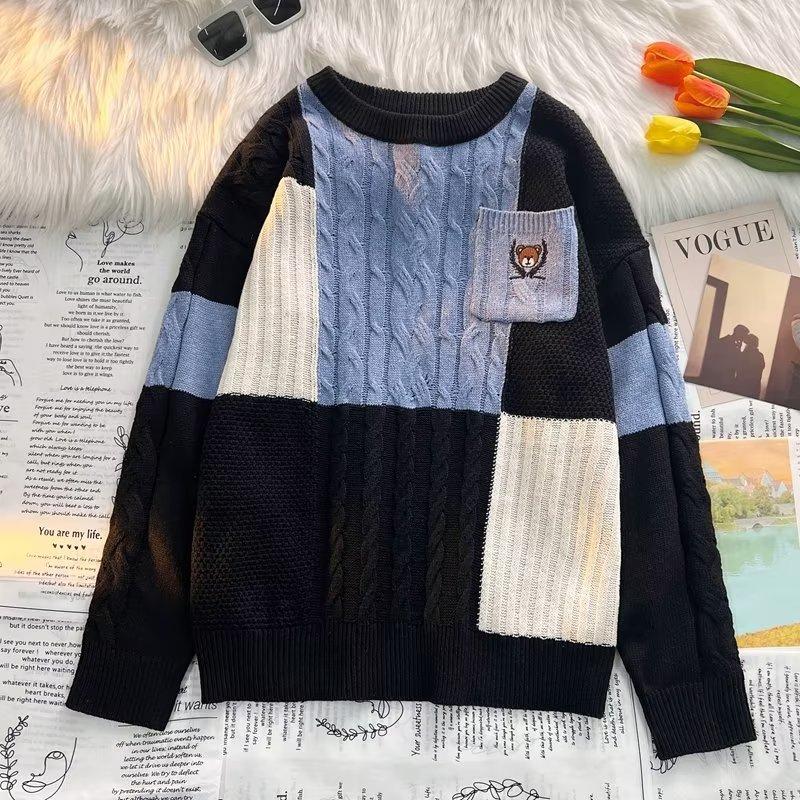 Autumn and Winter Thickened Jacquard Sweater Japanese Retro Contrasting Color Splicing Sweater Men s Ins Trendy Brand Pullover Knitted Sweater M синий