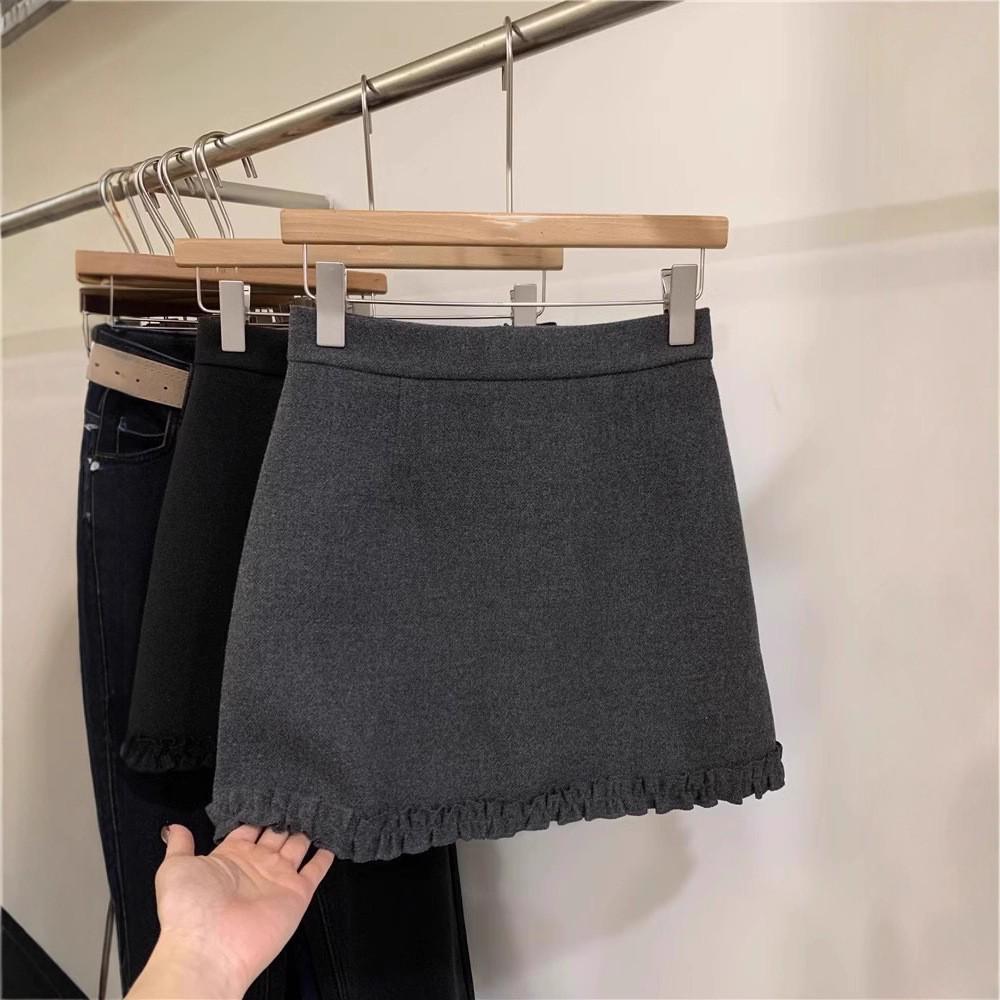 Woolen High-Waist A-Line Skirt for Women - Spring/Autumn Lace Patchwork Short Skirt
