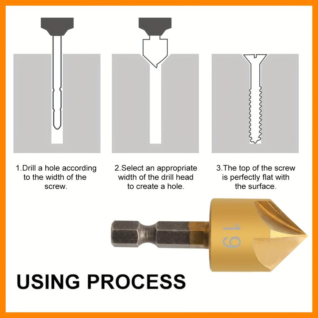 6pcs Hexagonal Handle Titanium Plated Five Edge Chamfer for Reaming and Chamfer Woodworking Drill Set Made of High Speed