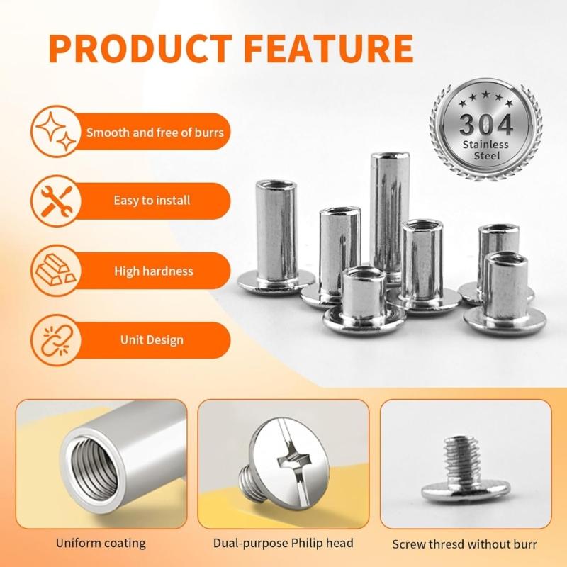 80Pcs Assorted Size Leather Rivets Stainless Steel Binding Screws Fasteners for Leather Working Project Bookbinding