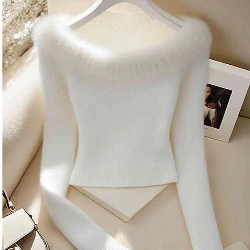 Модный меховой воротник сшитый вязаный свитер пуловер для женщин осень 2024 новая теплая одежда облегающий зимний однотонный вязаный свитер для женщин S слоновая кость 3416₽