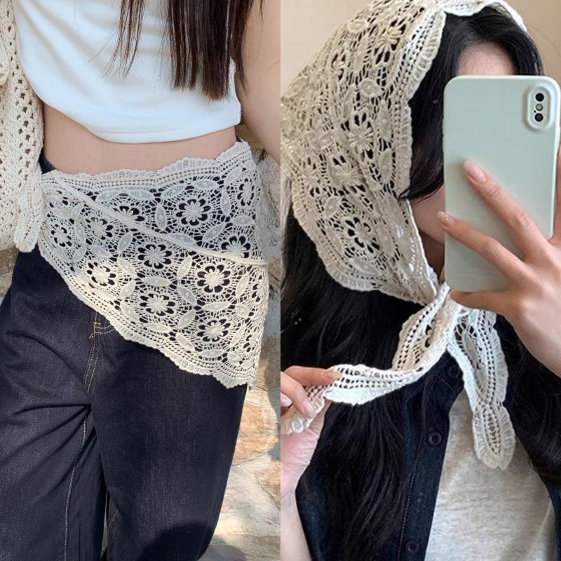 Women Hollow Out Lace Triangle Scarf Skirt Stylish Mini Hip Curtain Bohemian Head Wrap for Vacation Festivals Summer