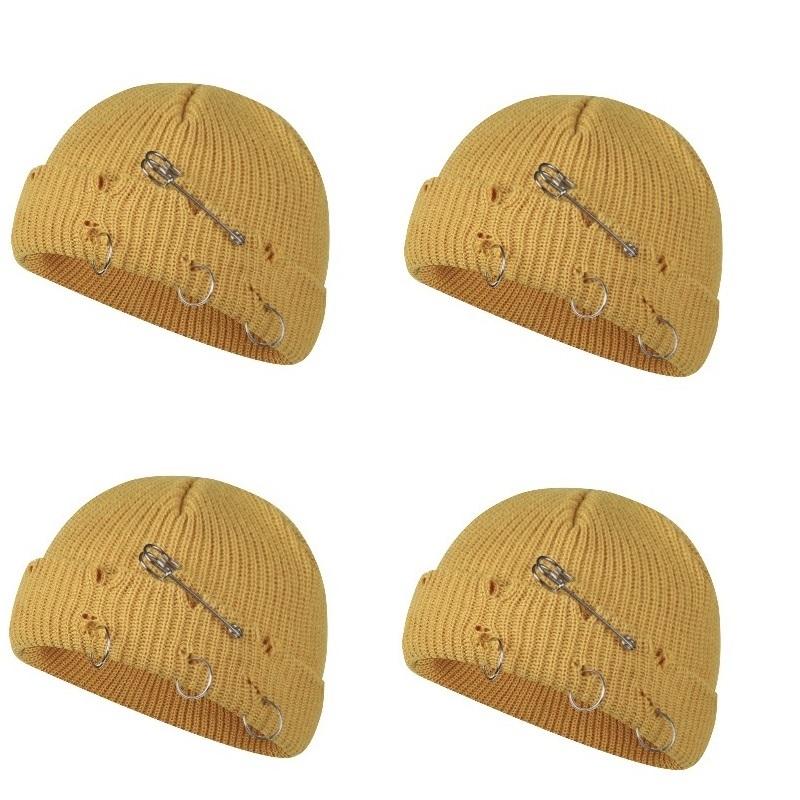 Women Girls Y2k Gothic Beanie Winter Knit Hats Trendy Metal Rings Pin Hip Hop Streetwear Harajuku Skull Cap Emo Scene Grunge