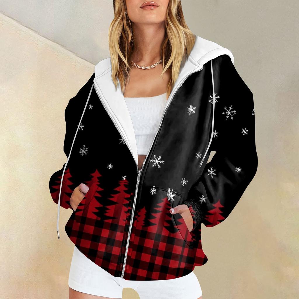 Women's Casual Fashion Printed Long Sleeve Pullover Hoodies Zipper Sweatshirts Coat