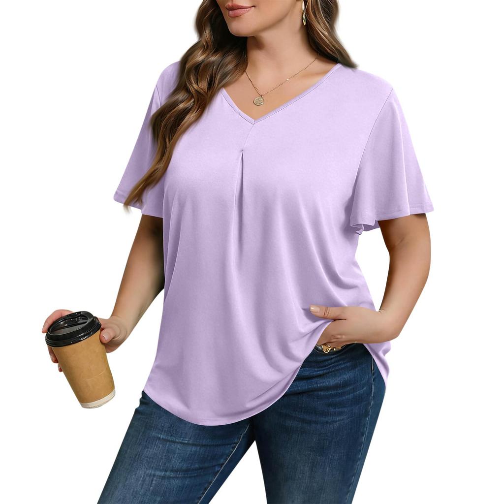 Women's Plus Size Fashionable Casual Loose-Fit Short Sleeve Elegant V Neck Blouse For Work