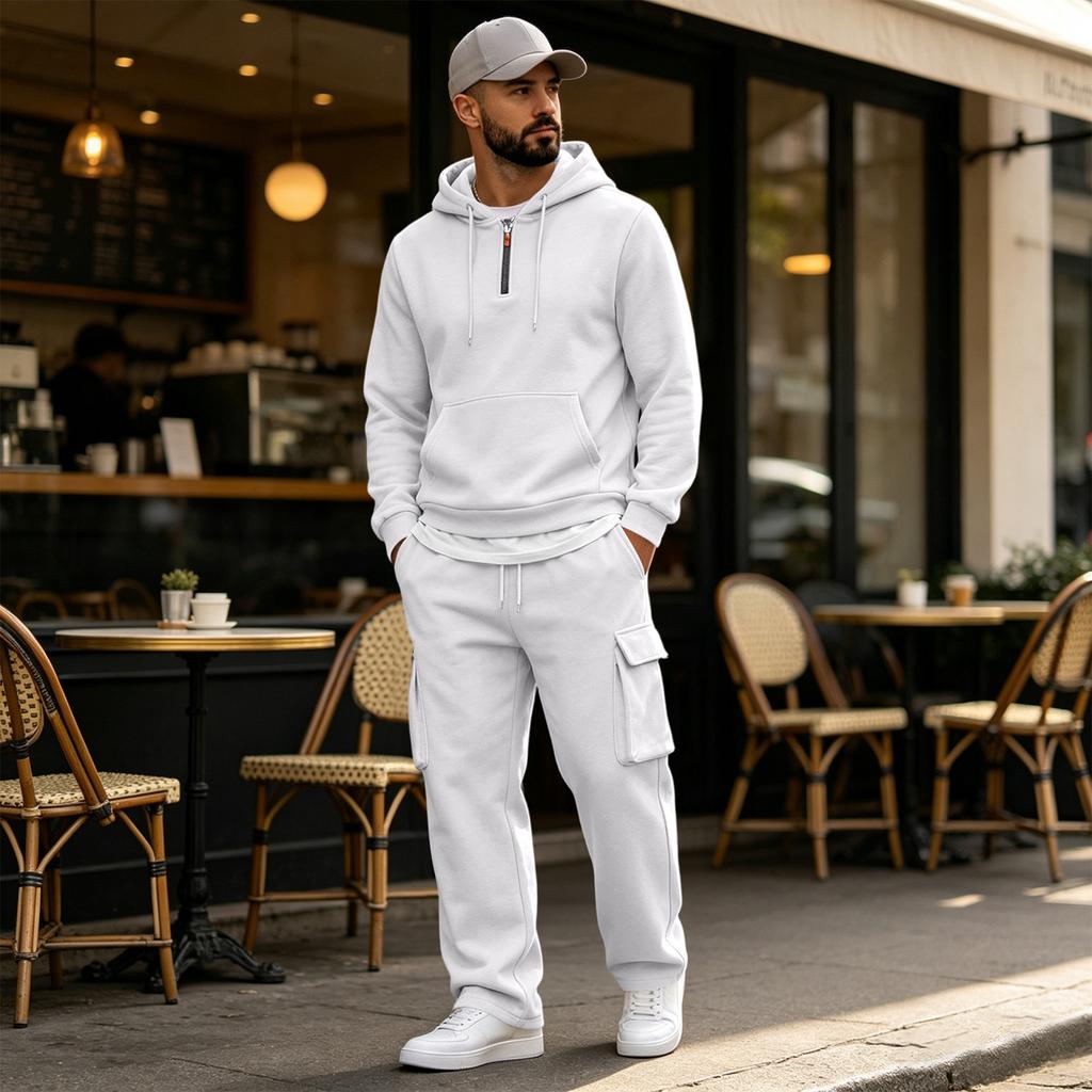 Men's Warm Lined Hooded Sweatshirt and Wide Leg Cargo Pants Set, Relaxed Fit Casual Outdoor Activewear