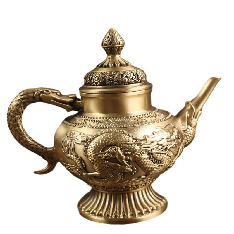 Brass Dragon and Phoenix Teapot Home Craft Metal Ornament Office Desktop Pure Copper Wine Pot Retro Copperware