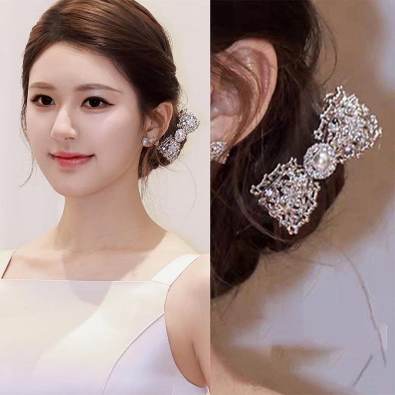 Diamond hollow bow pearl earrings hairpin elegant niche temperament jewelry set light luxury high-end jewelry