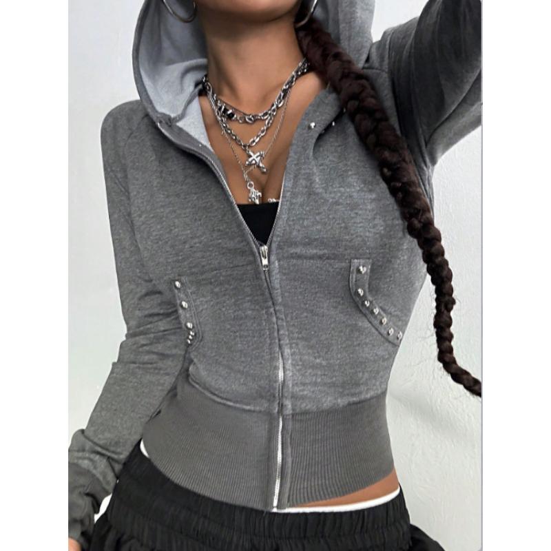 

European American Style Spring Autumn New Hooded Womens Sweatshirt Fashion Trendy Slim Fit Versatile Beaded Cardigan Coat S сірий