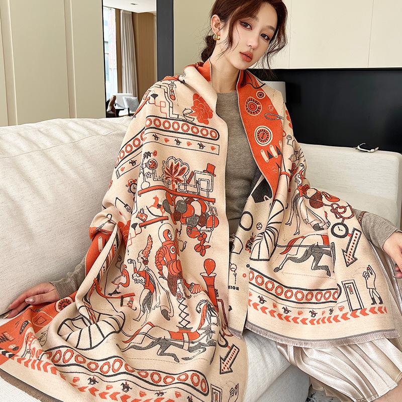 Thickened Double-sided Imitation Cashmere Scarf Shawl Retro Carriage Fashionable Imitation Cashmere Scarf for Women
