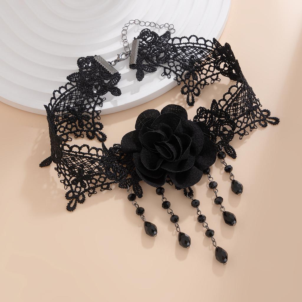Gothic Dark Black Lace Collar Halloween Rose Flower Fringed Choker Necklace