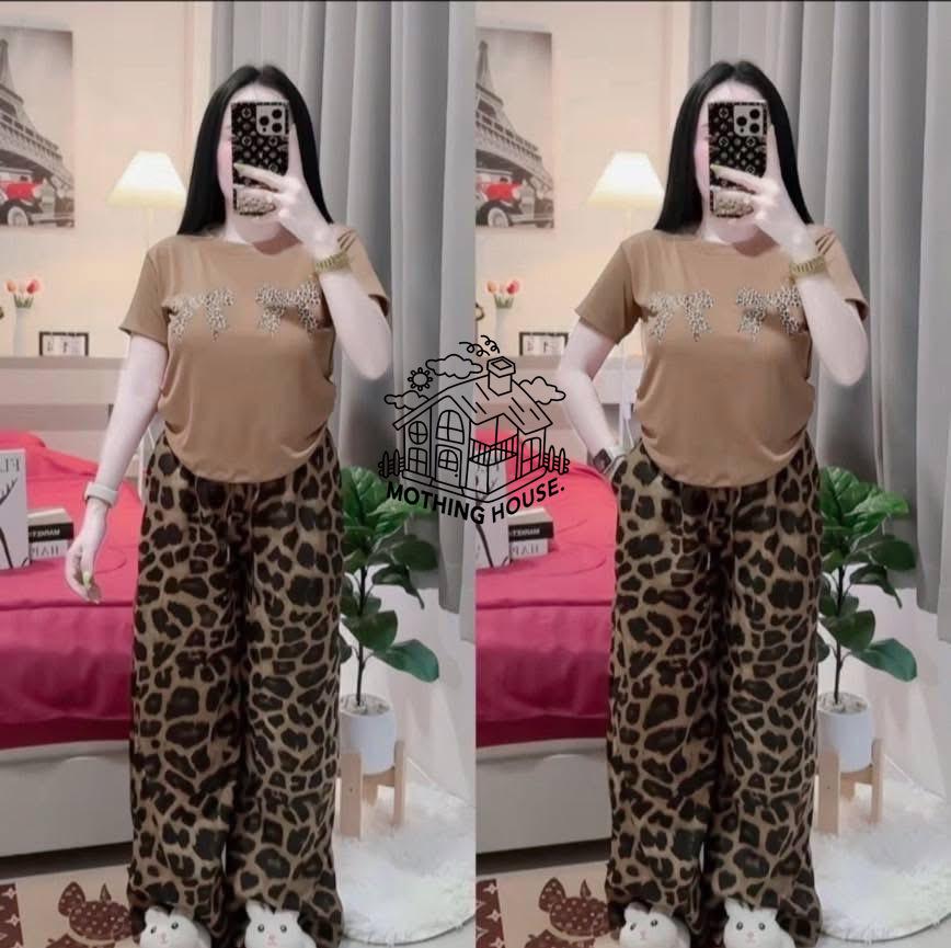 Southeast Asian Women's Summer Leopard Print T-shirt & Wide-Leg Pants Two-Piece Set