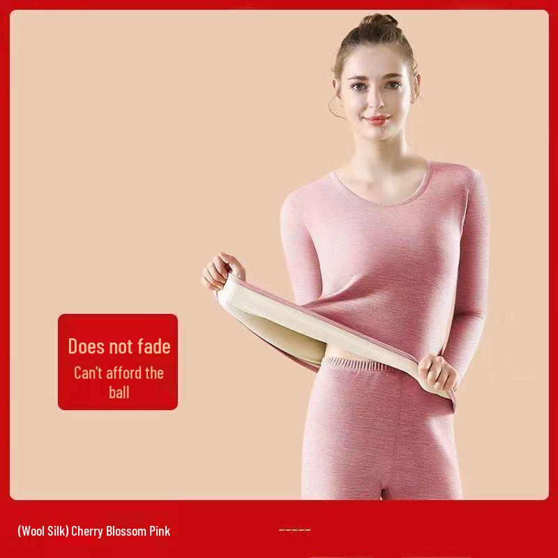 Women's Benming Year Red Seamless Wool Silk Underwear Set - Medium Thickness, Fleece-Lined Round Neck Base Layer