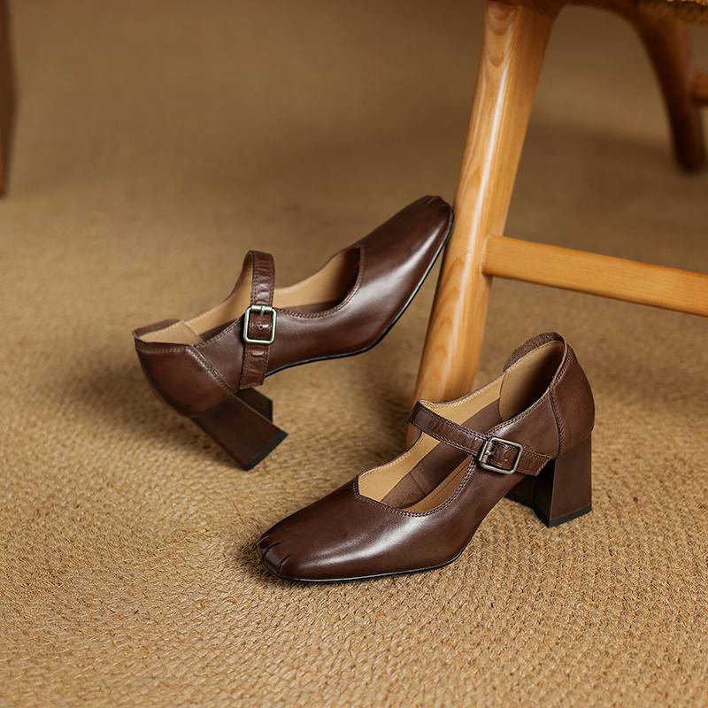 Krazing Pot Módní jarní a podzimní boty s hrubým podpatkem a přezkami, dámské boty Mary Janes s čtvercovou špičkou a lodičky z kravské kůže