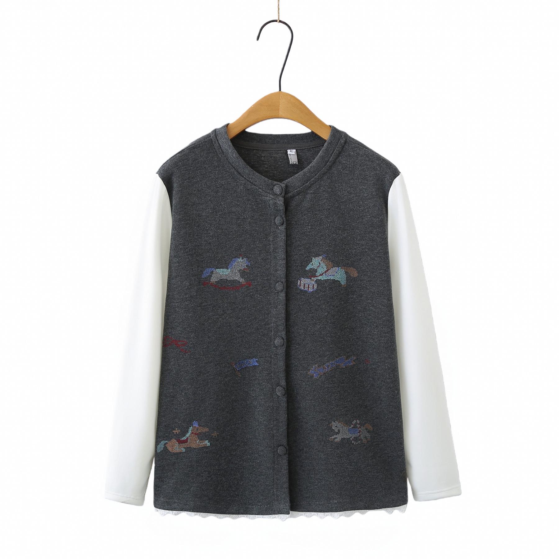 

Spring 2026 Plus Size Women s Long Sleeve Patchwork Print Cardigan and Shirt Combo XL темно-серого