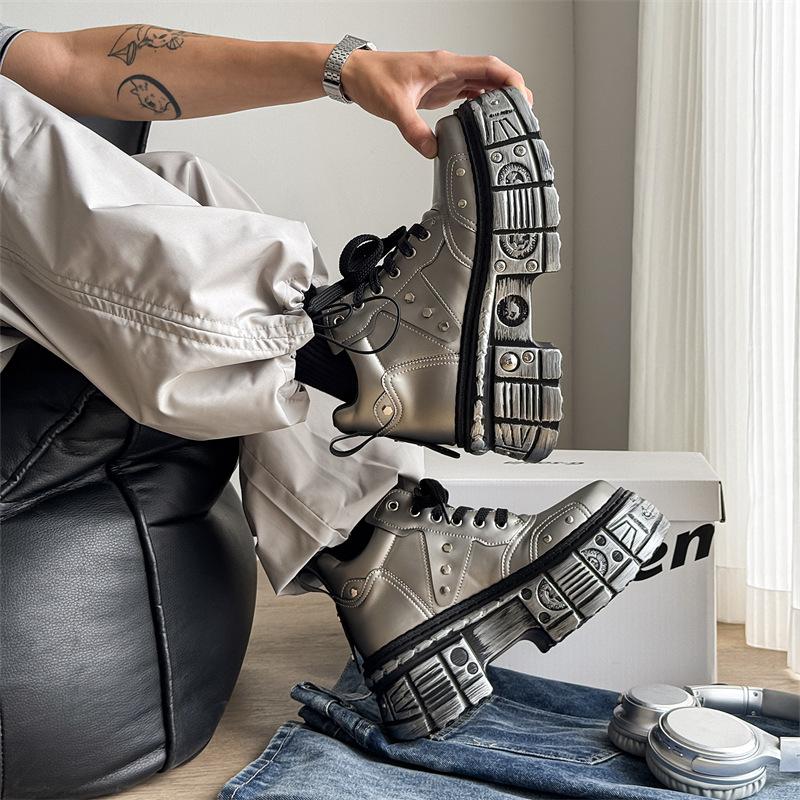 2025 New Trendy Men's Boots Heavy Metal Platform Low-top Punk Small Leather Shoes Dark Locomotive Boots 561201-J