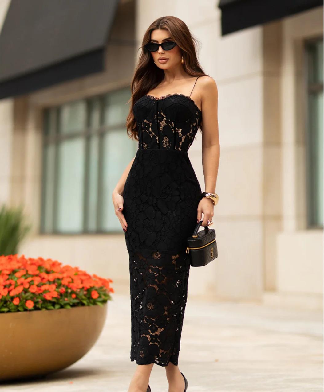 New 2026 foreign trade import and export sexy suspender slim hollow lace tight hip wrap European and American women s dress XS чёрный