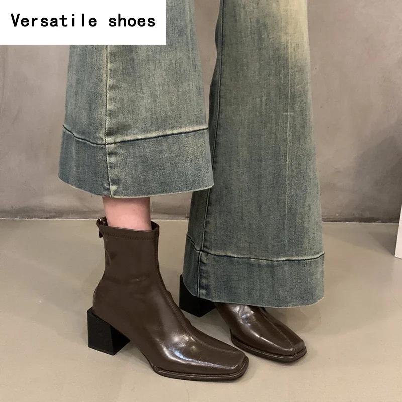 Women Ankle Boots Fashion Square Toe Back Zippers Shoes Vintage Square Heels Autumn Winter Ladies Short Booties