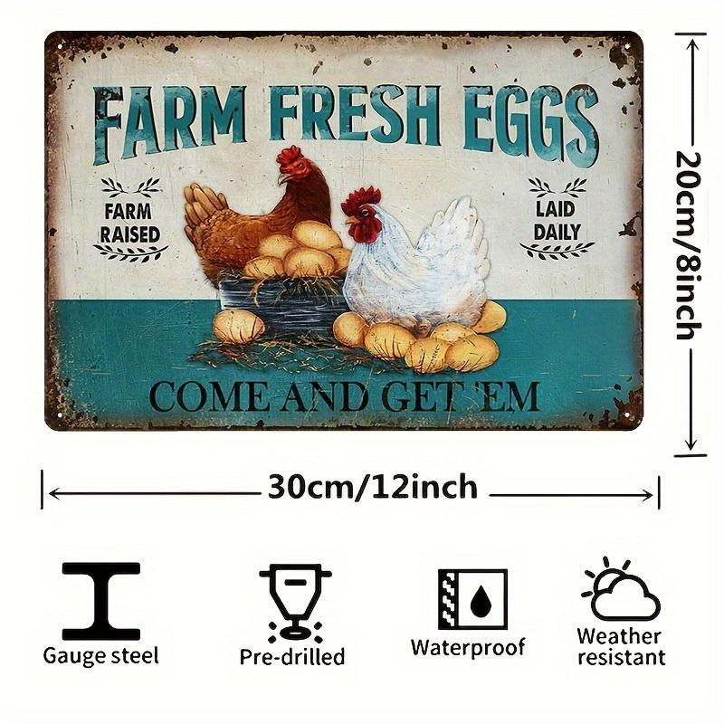 pc Vintage Farmhouse Fresh Eggs Metal Wall Art Sign Classic Square Emblem with Rooster and Hen Illustration 20x30cm(7.8x11.8inch)