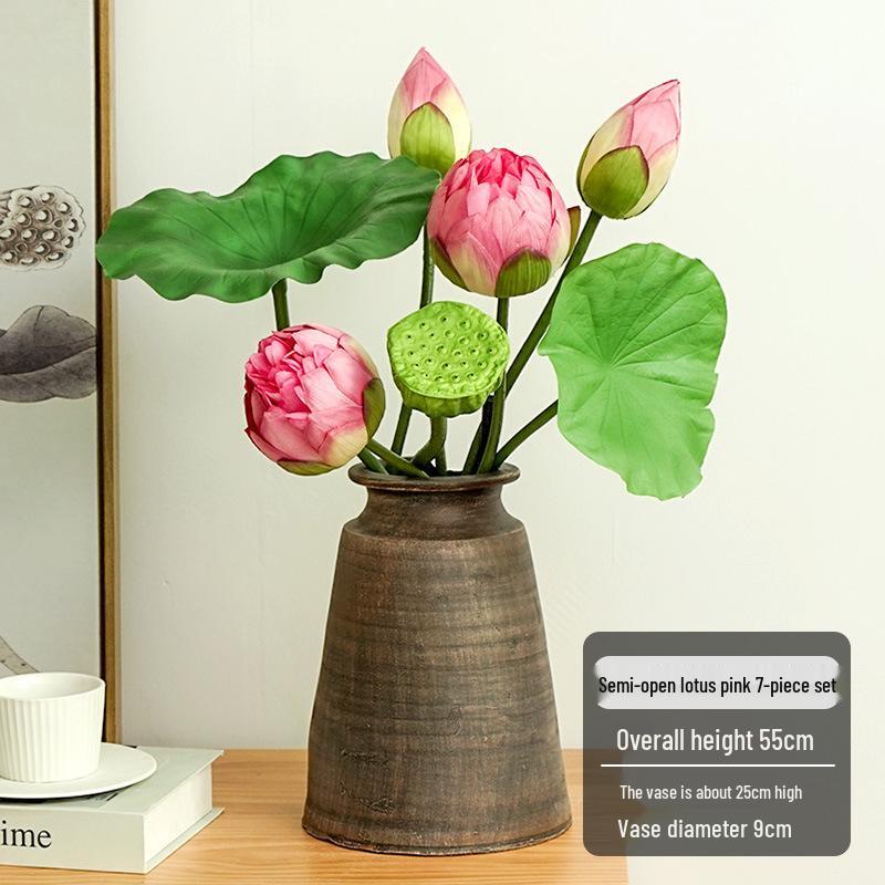 Chinese Lotus Artificial Flower Decoration for Living Room and Dining Table - Realistic Floral Arrangement with Lotus Leaf.