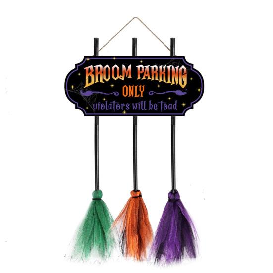 Halloween Broom Parking Sign with 3 Wooden Witch Brooms Solid Wood Hanging Decoration Halloween Decor Broom Parking Sign for Front Porch Wall