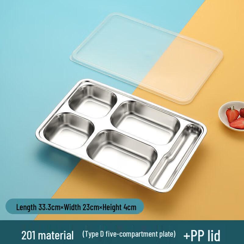 ZISIZ 304 Stainless Steel 5-Compartment Divided Meal Tray with Lid