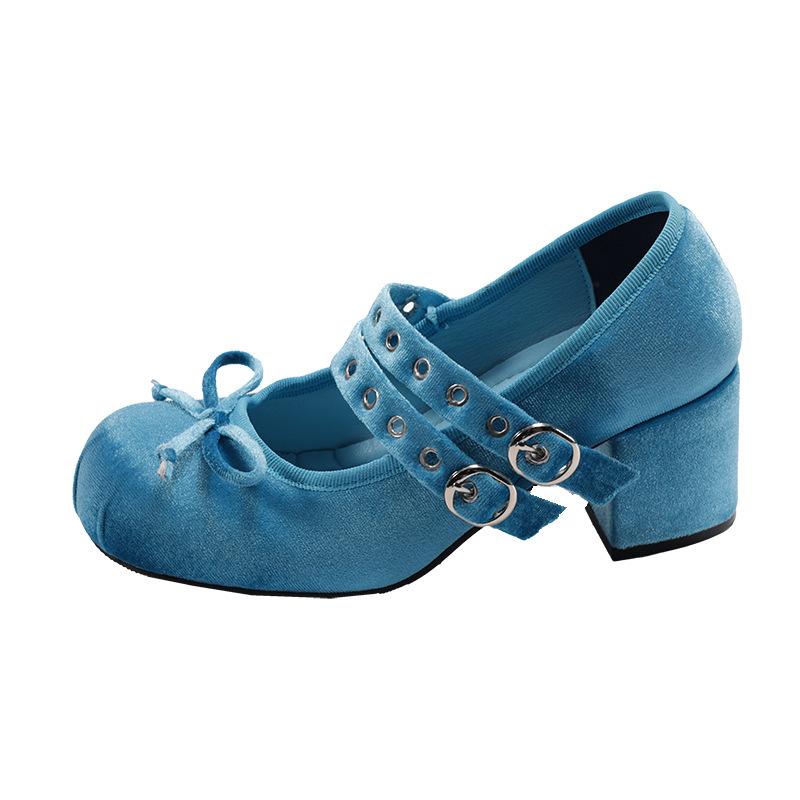 Retro ballet style thick heel light mouth single shoes women's 2025 new spring and autumn with skirt bow Mary Jane high heels